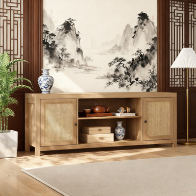Boho Rattan TV Stand For 65 Inch Tvs, Mid-Century Modern Entertainment Center With Adjustable Shelves And 2-Tier Storage Cabinet, Natural Oak Media Console