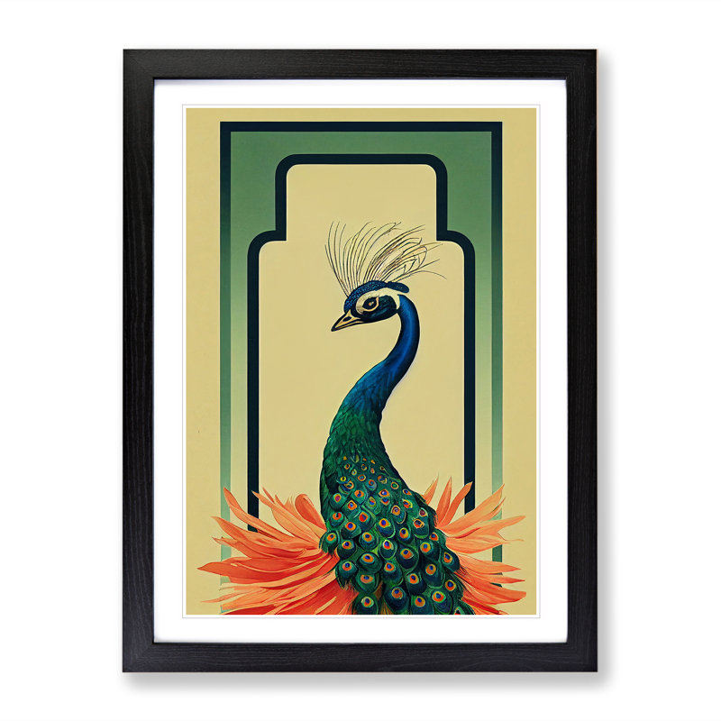 Peacock Art Deco No.2 - Framed Print, Black, 64cm H x 46cm W