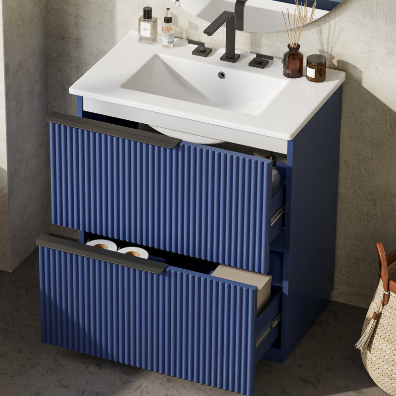 Meuble-lavabo bleu autoportant de 76 cm avec tiroirs extensibles, trous prépercés pour robinetterie de 20 cm et structure étanche, lavabo en céramique, surface
