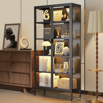 71" H Display Cabinet With Glass Doors, 5 Tiers Curio Glass Display Cabinet With 3 Colors Led Sensor Light,display Cabinets For Collectible With 4 Adjustable Shelves For Living Room,bedroom