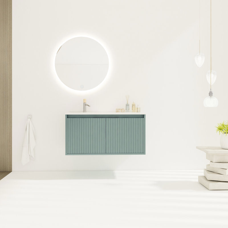 Meuble-lavabo de 36 po avec lavabo en résine en forme de goutte - moderne, grande armoire de rangement murale à 2 portes à charnières