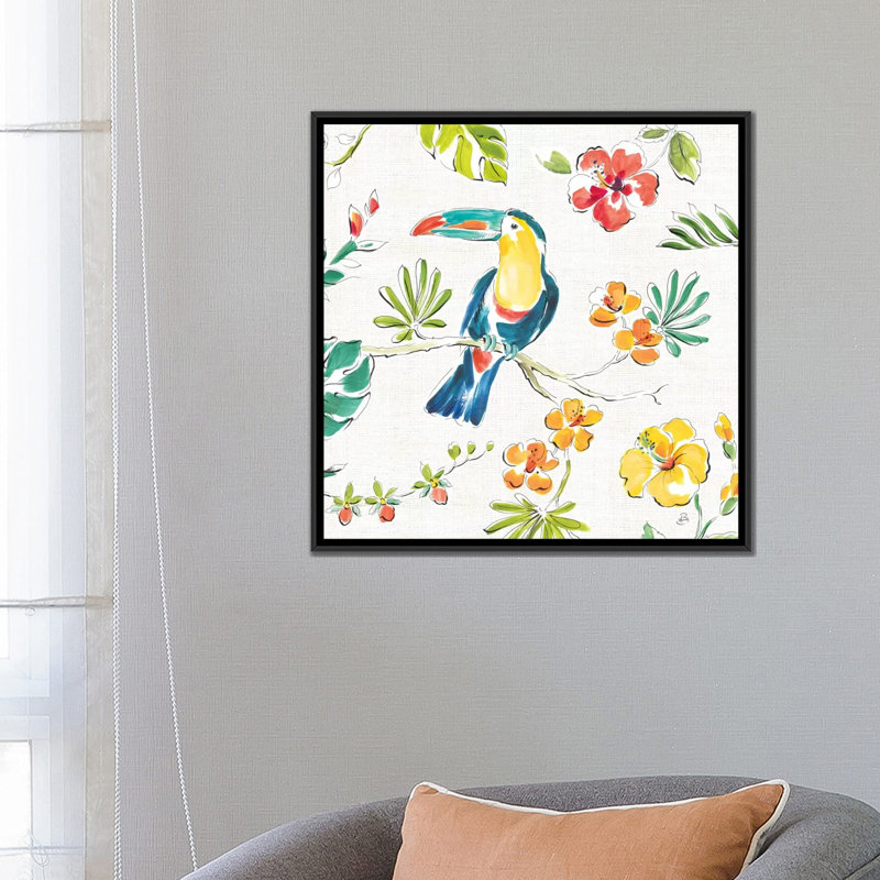 «Tropical Oasis, White V», reproduction sur toile, H 18 po x l 18 po x P 1,5 po, Toile avec cadre noir, Pas de tapis