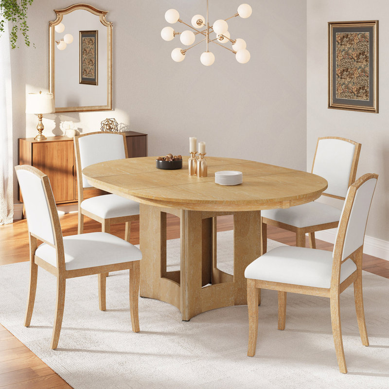 Farmhouse Extendable Round Dining Table Set For 4, 5-Piece Kitchen Table Set With 4 Upholstered Chairs And 16Inch Removable Leaf For Small Places