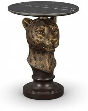 Leopard Head Accent Table with Faux Marble Top, Decorative Animal Pedestal End Table, Resin Sculpture Side Table for Living Room