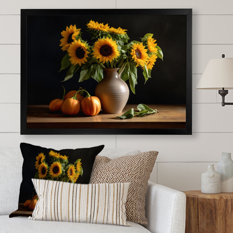 «Golden Sunflower Still Life I», reproduction sur toile, Cadre photo noir, H 30 po x l 40 po x P 1,5 po