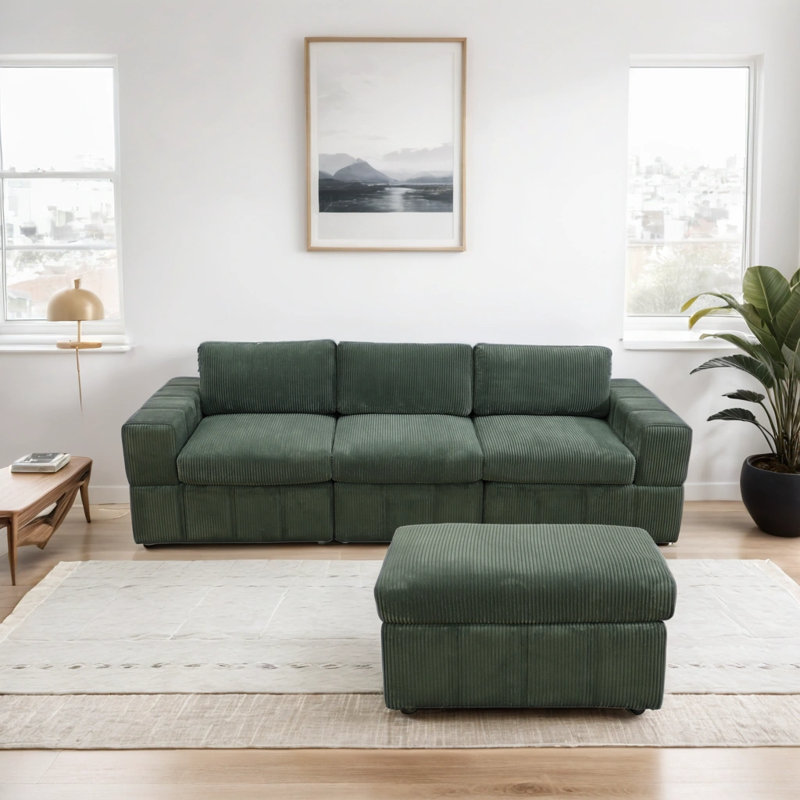 Canapé modulaire réversible en tissu de qualité supérieure avec repose-pieds, Velours côtelé vert