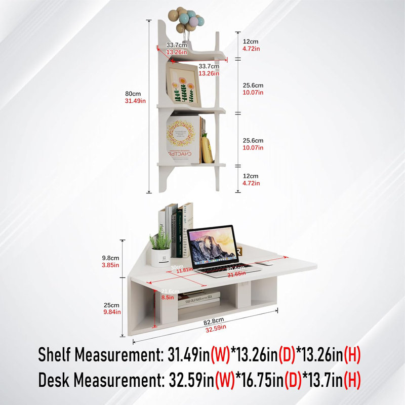 White Wall Mounted Fold Down Corner Desk & Shelf Set, White