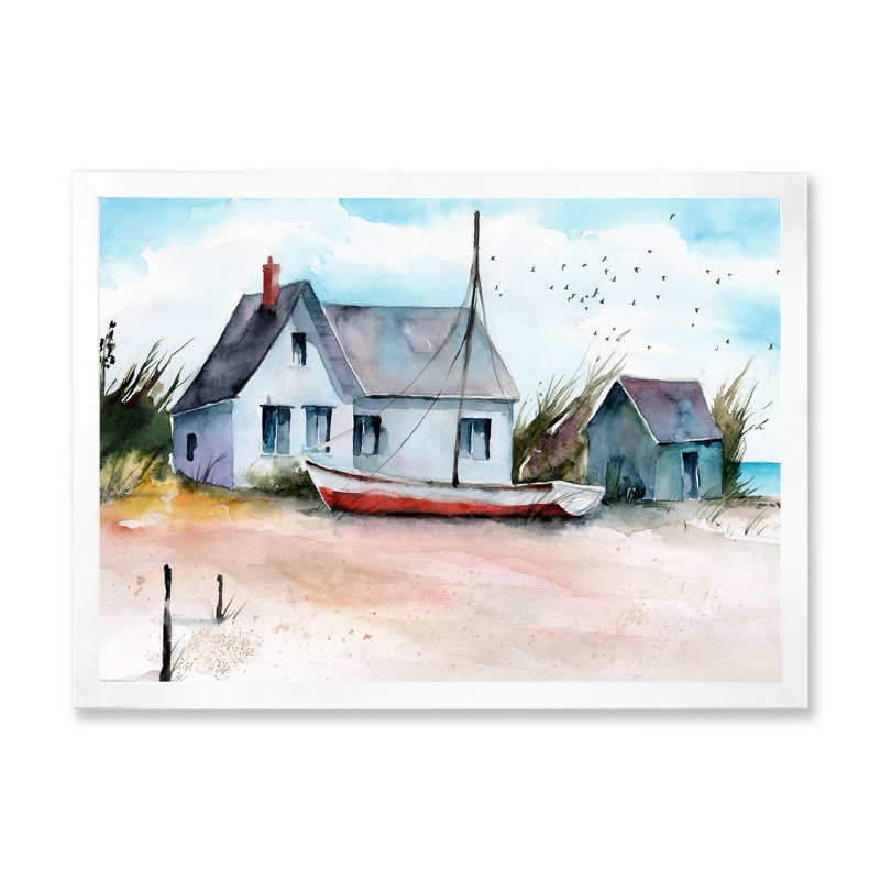 Maison et bateau sur une plage - Peinture sur toile, H 12 po x l 20 po, Toile blanche avec cadre d'angle fermé
