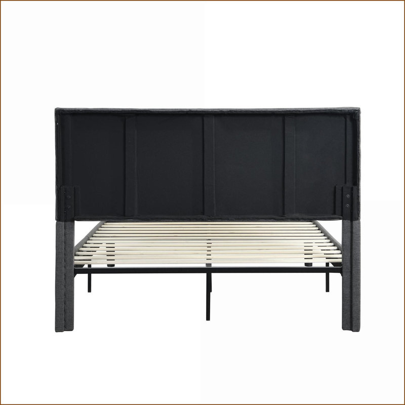 Structure de lit plateforme double avec tête de lit tapissier pleine grandeur - Support de lattes en bois massif, aucun sommier requis, gris pour la chambre
