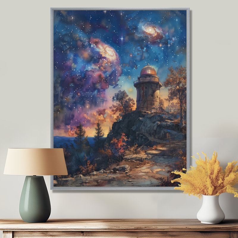 Décoration murale observatoire II - étoile bleue et mauve, Toile argentée avec cadre flottant, H 12 po x l 20 po x P 1 po