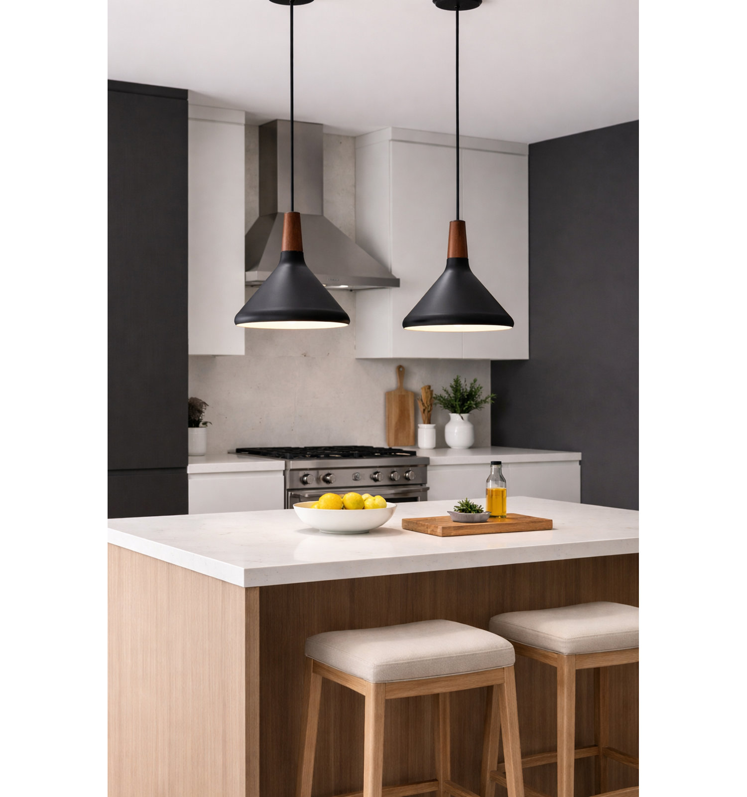 Drew Dimmable Cone Single Light Pendant, Walnut/Black, 10.5" H x 7" W x 7" D