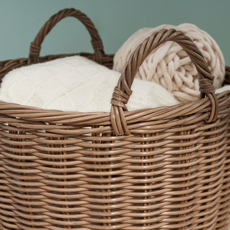 Woven Resin Wicker Storage Basket With Handles, Round Cone Shape, 16"x16"x10.5" Chocolate Brown, Laundry, Towels, Toys, Magazine Organizer