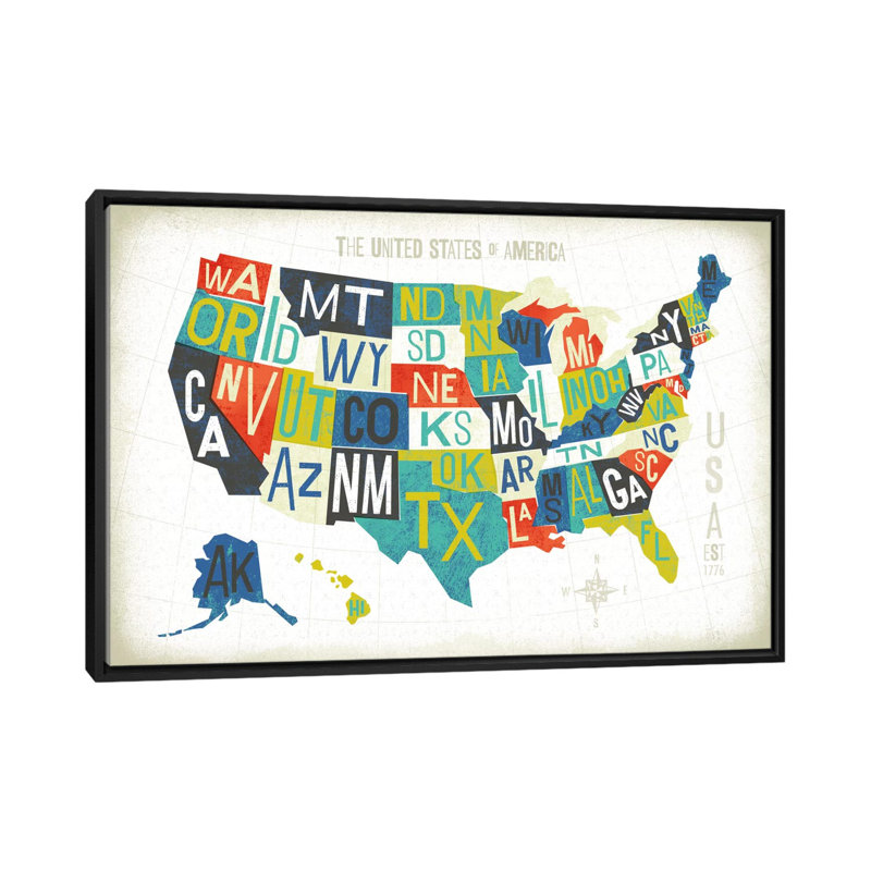 «Letterpressed Cartes Series: USA», impression sur toile, H 18 po x l 26 po x P 1,5 po, Toile avec cadre noir, Pas de tapis