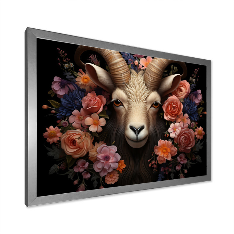 Portrait de chèvre rose et mauve, Cadre de coin fermé argenté, H 24 po x l 32 po x P 1 po