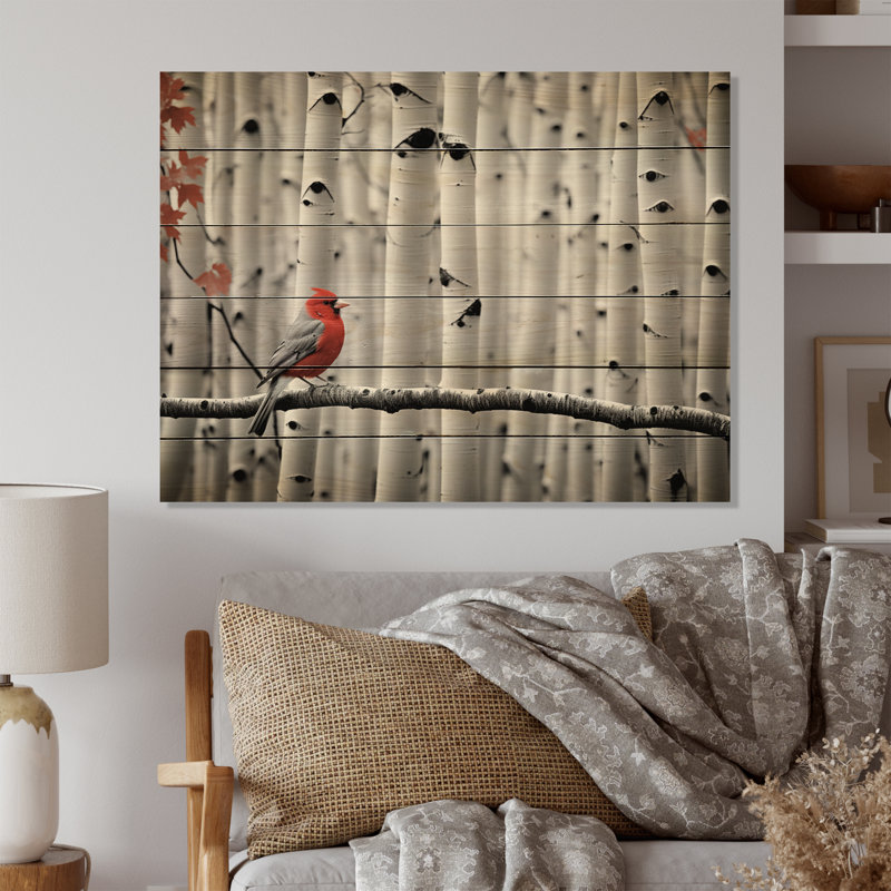 Oiseau monochrome rouge et gris dans la forêt I sur bois, H 30 po x l 40 po x P 0,78 po