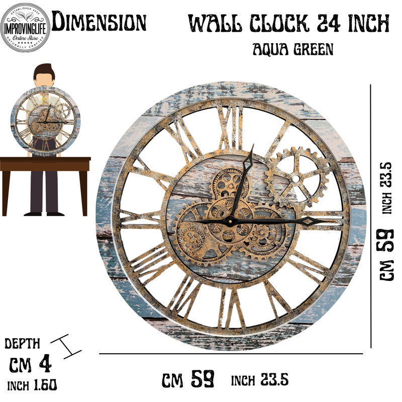 24" Aqua Green and Bronze Industrial Wall Clock with Moving Gears