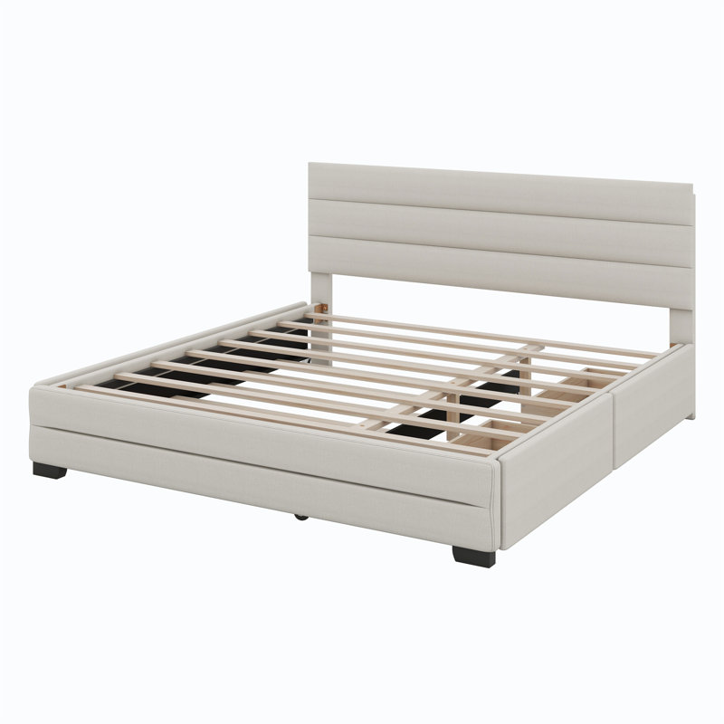 Lit plateforme tapissier avec lit gigogne et deux tiroirs, Beige