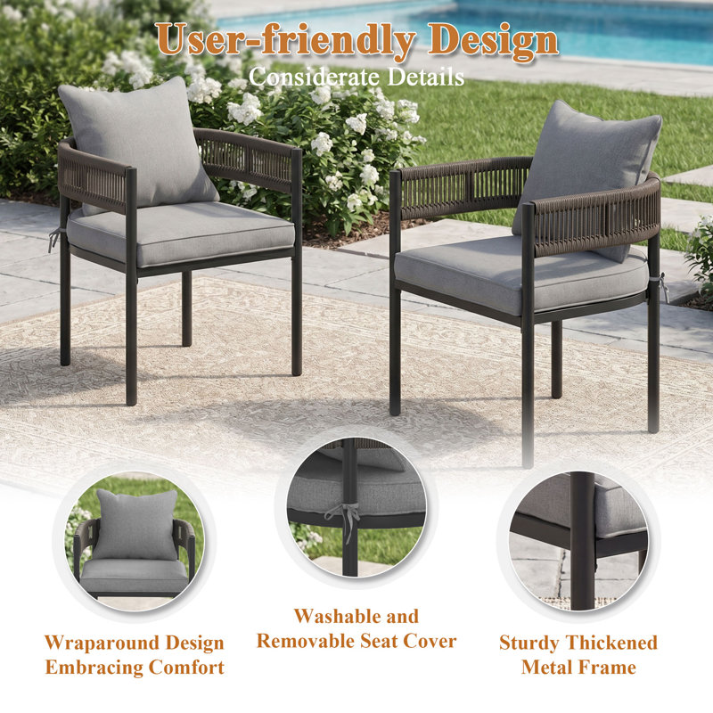Ensemble repas pour 4 personnes avec chaises tissées en corde, Black, Gray