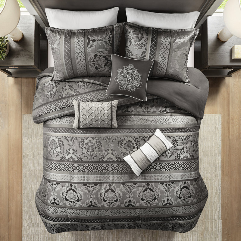 7 Piece Grey Bedding - King Fine Comforter In Luxury