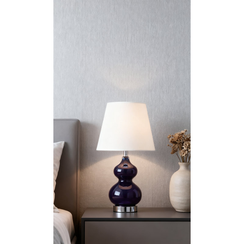 Lampe de table à double gourde avec ampoule à DEL pour chambre à coucher, salon, bureau à domicile ou table de chevet, abat-jour bleu marine et blanc cassé
