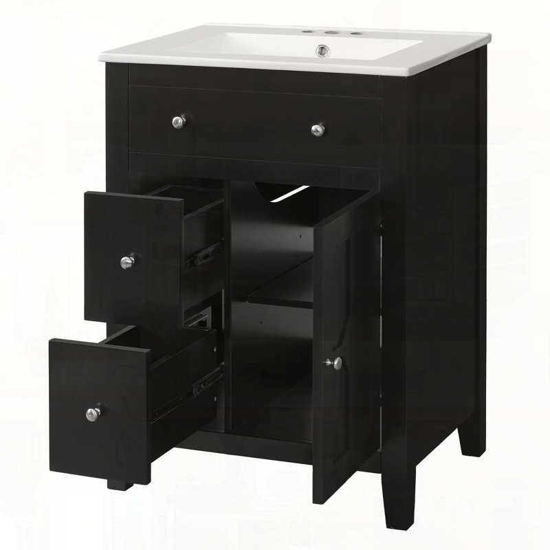Petit meuble-lavabo moderne avec lavabo à porte en céramique, Noir