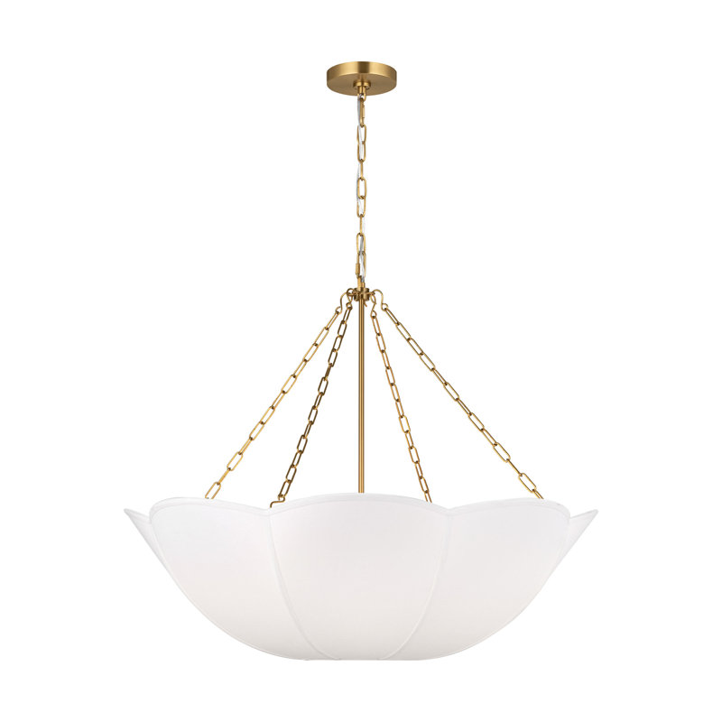 Alexa Hampton Stassi Dining Room Chandelier With White Linen Shade, 26.875" H x 32" W x 32" D, Burnished Brass, 4 Lights