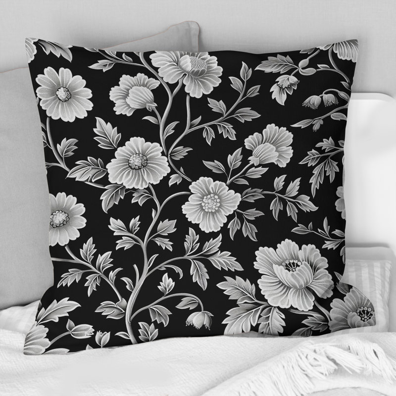 Coussin décoratif noir et blanc Secret Floral Gardens I - Traditional, H 16 po x l 16 po