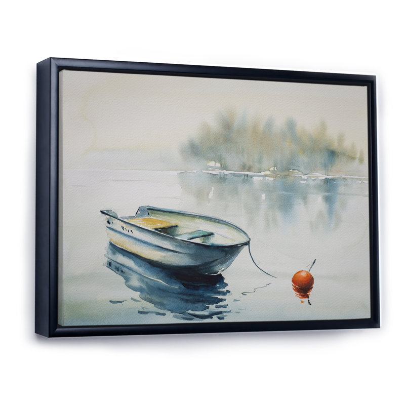 Abstrait bateau en bois dans un lac - reproduction de cadre flottant sur toile, Cadre noir, H 30 po x l 40 po x P 1,5 po