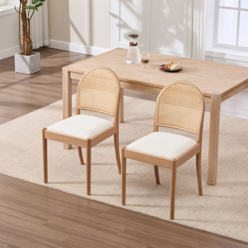 Ensemble de 2 chaises de salle à manger en rotin, chaises de salle à manger rembourrées en lin avec dossiers, chaises de cuisine modernes avec pieds en bois pour la salle à manger