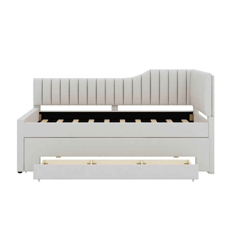 Softly-Padded Daybed Featuring A Roll-Out Trundle And  Roomy Drawers, Beige, Twin