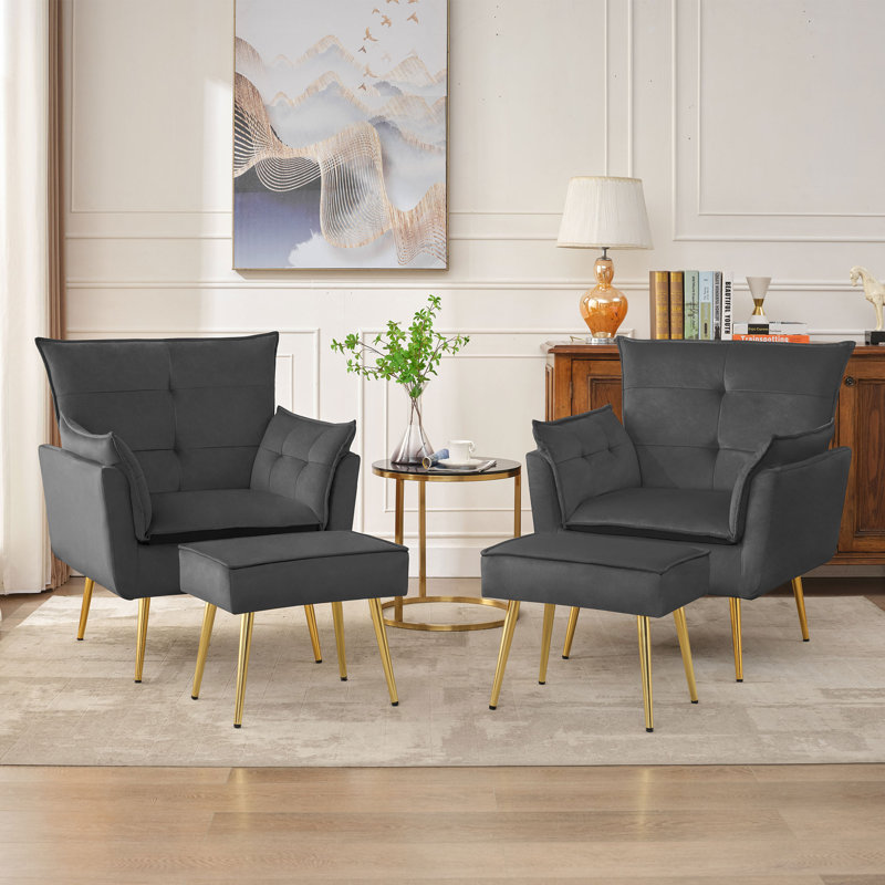 Fauteuil rembourré avec repose-pieds Vaishal, Velours gris