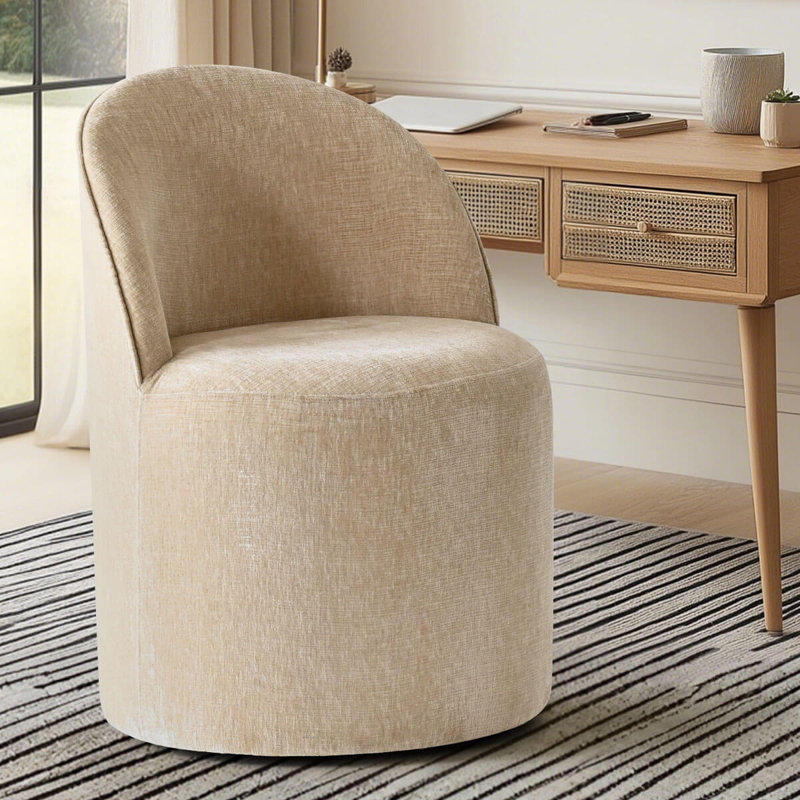Upholstered Chenille Swivel Desk Chair With Hidden Casters, Soft Tan