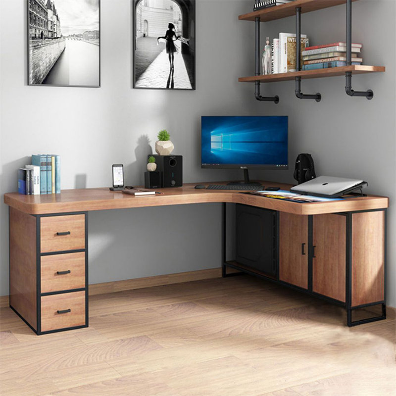 Bureau de direction en L en bois massif de couleur châtaignier clair avec tiroirs, 29.53" H x 78.74" W x 55.12" D