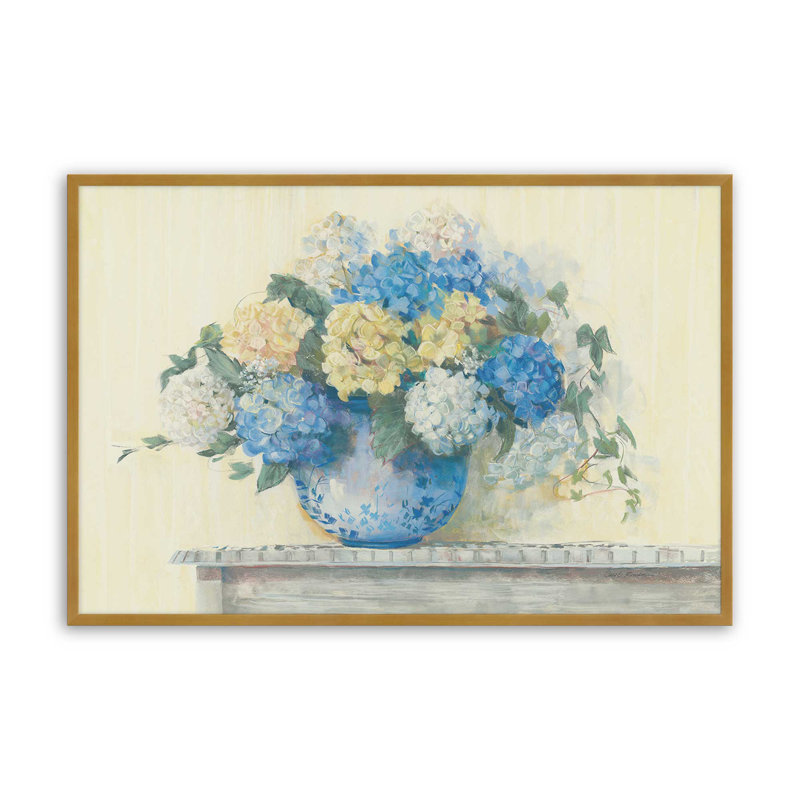 «Blue Hydrangea» par Carol Rowan, reproduction d'art, H 12 po x l 18 po, Doré