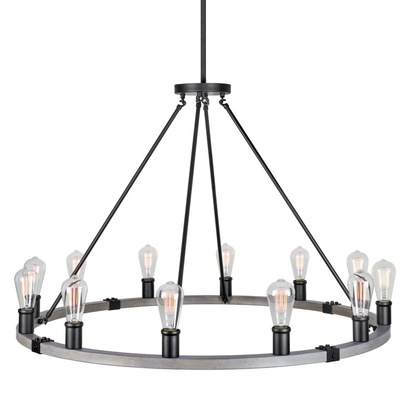 42" 12-Light Large Rustic Farmhouse Wagon Wheel Chandelier, Round Kitchen Island Light, Smoked Birch Finish