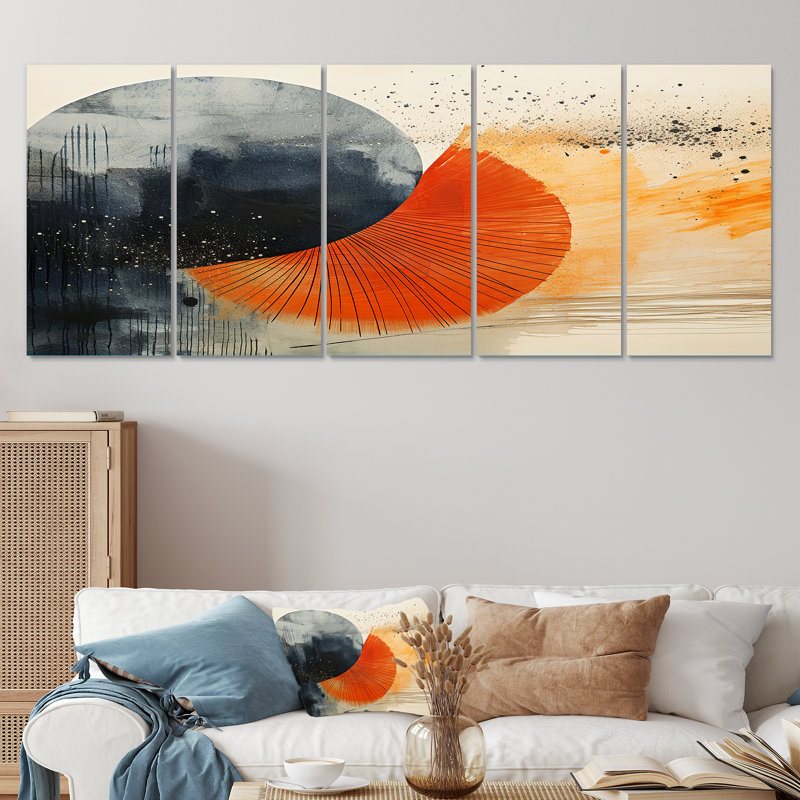 Éclipse solaire noire et orange - ensemble abstrait d'art mural 5 pièces, H 28 po x l 60 po