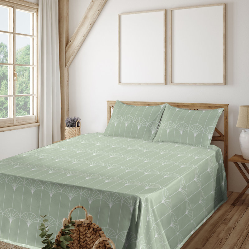 Microfiber Sheet Set, King Sheet Set with 2 Pillowcases, Light Pale Green/White Geometric