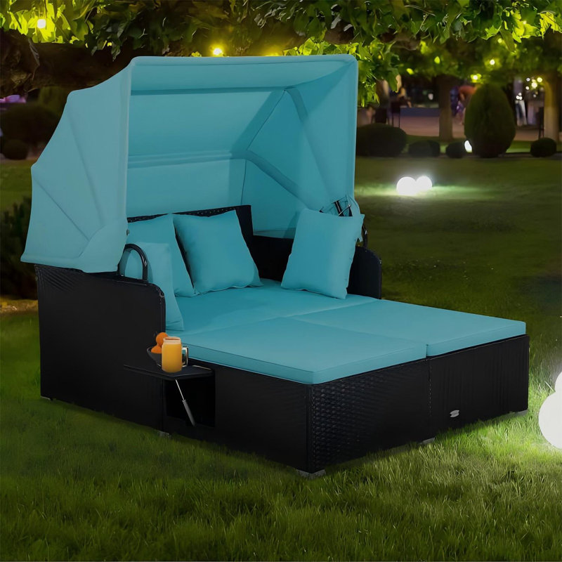 60.5 In. L X 65 In W PE Rattan Patio Daybed With Cushions Retractable Canopy, Blue