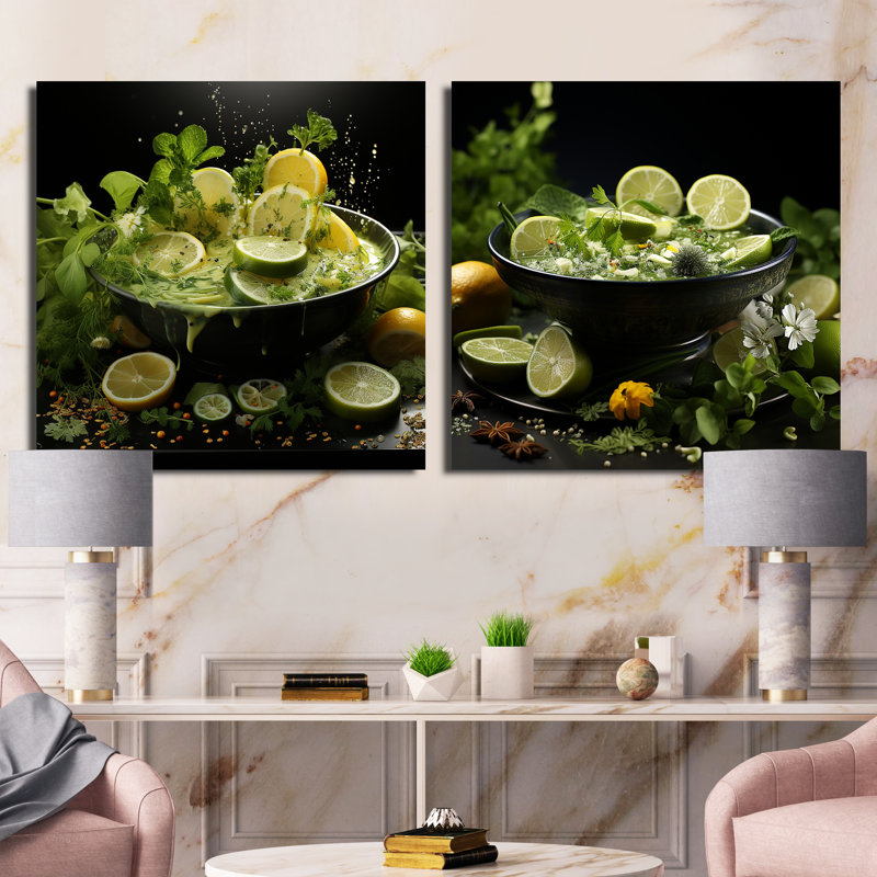 «Citrus Soup Symphony Greens», 2 pièces, H 16 po x l 33 po, Toile tendue