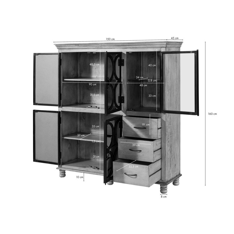 150cm Wide 3 Drawer Solid Wood Highboard