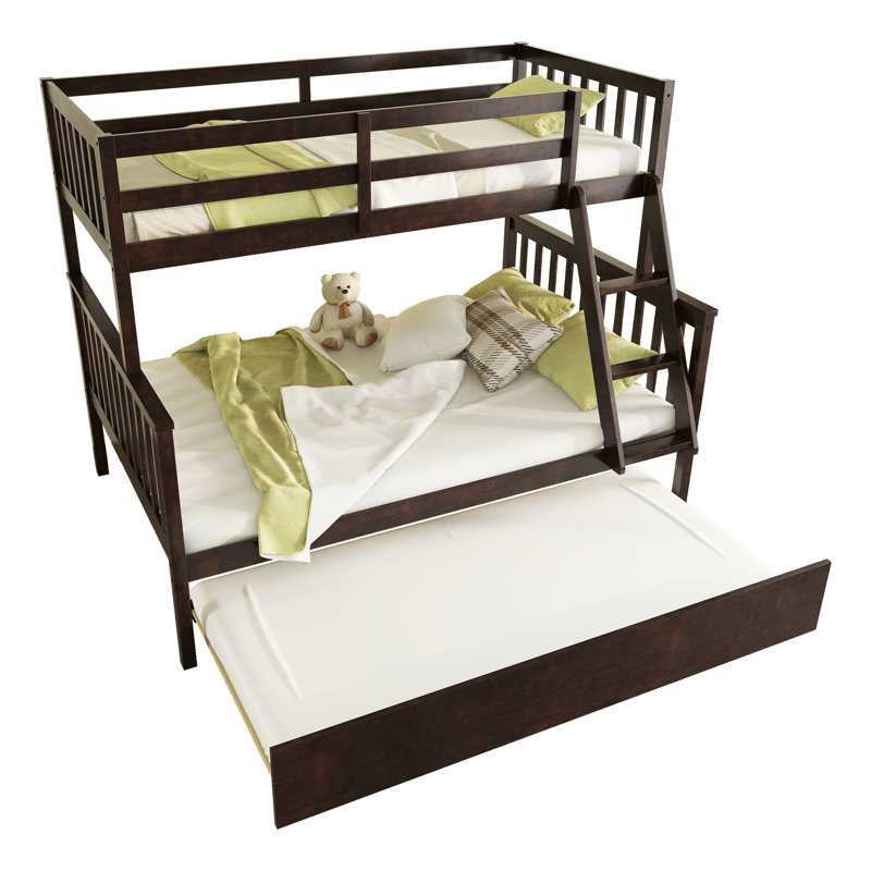 Twin Over Full Rubber Wood Bunk Bed with Trundle, Convertible Ladder and Guardrail, Detachable, Convertible Bed, with Twin Size Trundle ,Tan