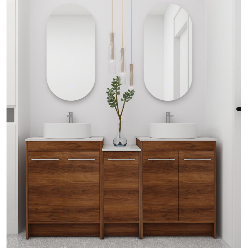 Ensemble de meuble-lavabo double 60 po Maricka, meuble-lavabo autoportant avec comptoir en céramique, 5 portes et 3 tablettes