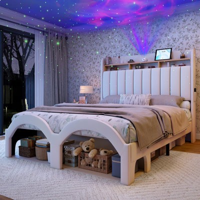 Aurora Bed Frame with Storage Headboard and Charging Station,  Galaxy Star Projector Bedframe