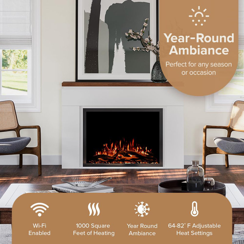 Modern Ember Sabrina Smart Electric Fireplace Mantel Package | 33” Firebox Heater | Sleek Design W/Walnut Finish Mantel