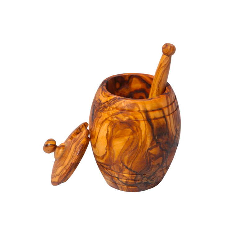 Pot de miel en bois d'olivier avec cuillère de cuisine - Essentiel de cuisine antibactérien fabriqué à la main