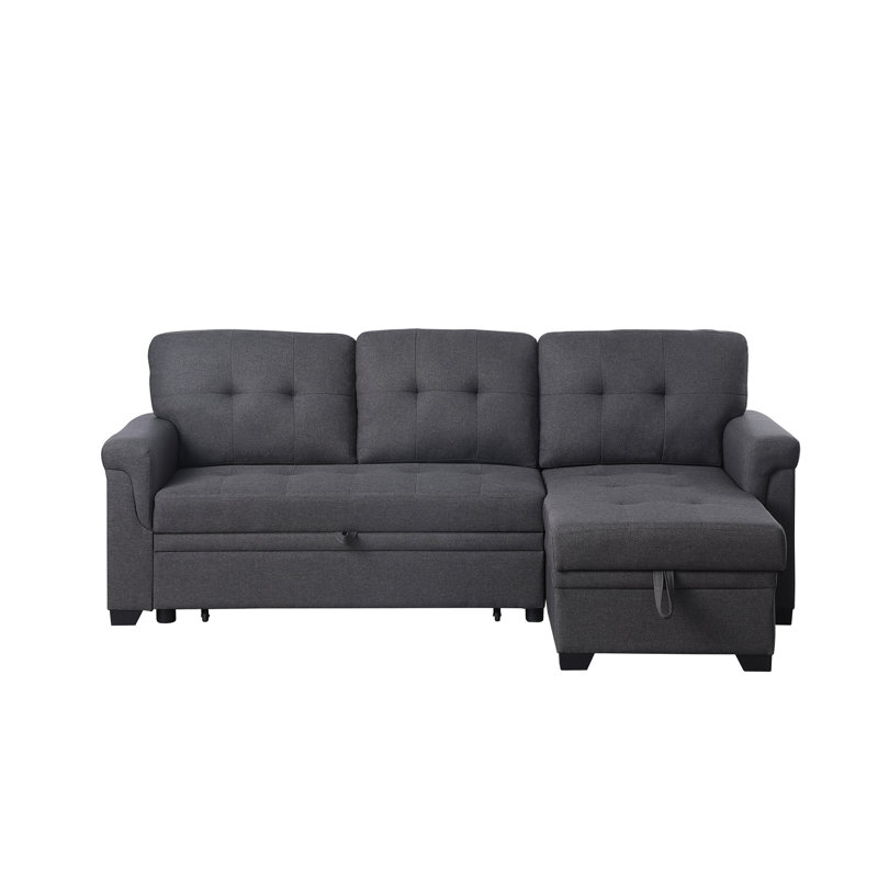 Lucca 84" Dark Gray Linen Reversible Sleeper Sectional Sofa With Storage Chaise