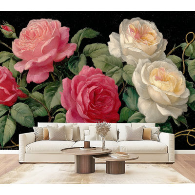 Papier peint à peler et coller rétro floral, peinture à l'huile florale élégante, roses roses, vignes dorées, papier peint mural amovible en PVC 69 po x l 96 po H pour bureau de chambre à coucher, bureau à domicile