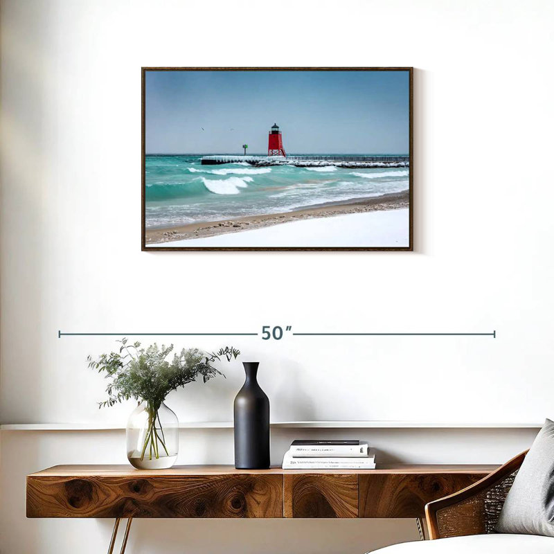 Vue du phare de Charlevoix, Cadre flottant noyer, 31 po x 21 po