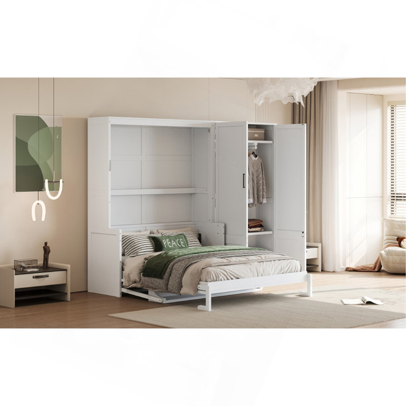 Grand lit escamotable mural avec placard, blanc, Blanc, Grand lit