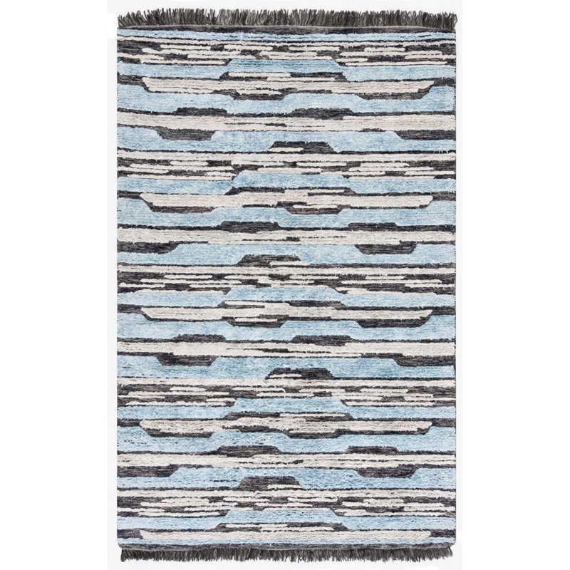 Fellsmere Hand Tufted Bamboo Silk/Wool Abstract Rug in Charcoal/Blue, Rectangle 5' x 8'